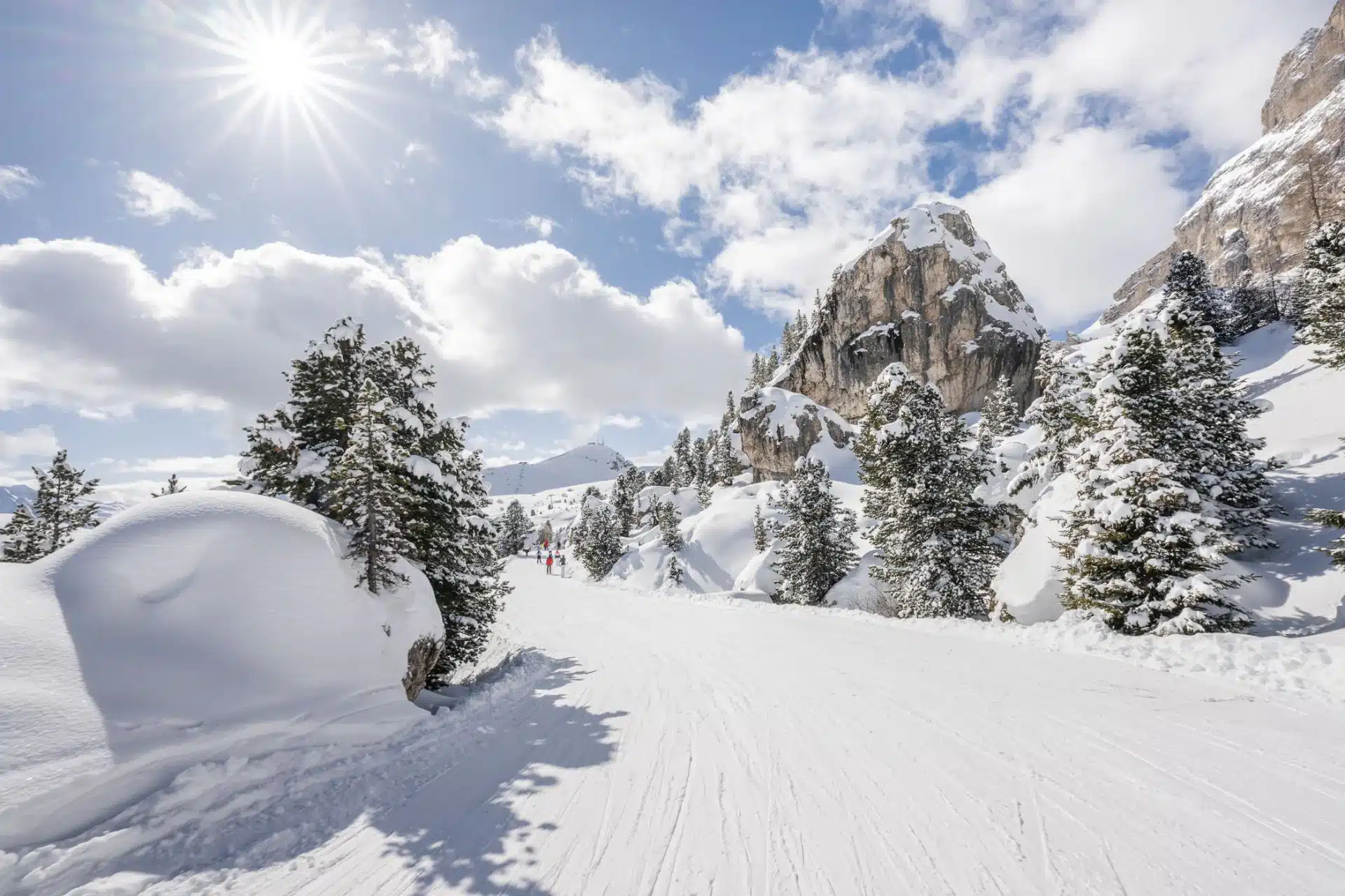 Urejena smučarska proga med zasneženimi smrekami in dolomitskimi skalami na sončen dan