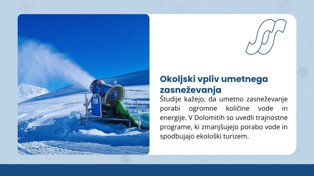 Okoljski vpliv umetnega zasneževanja
Alt: A snow cannon spraying snow on a snowy slope with mountains under a blue sky.