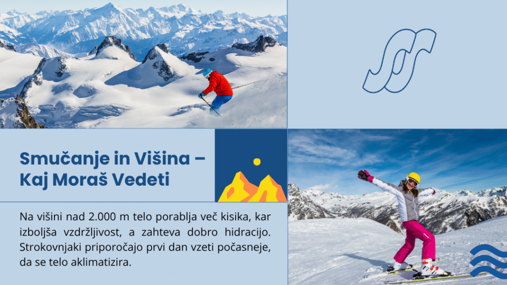 Skiers on snowy Visina mountain over 2,000m, advised for hydration and acclimatization to avoid altitude sickness.