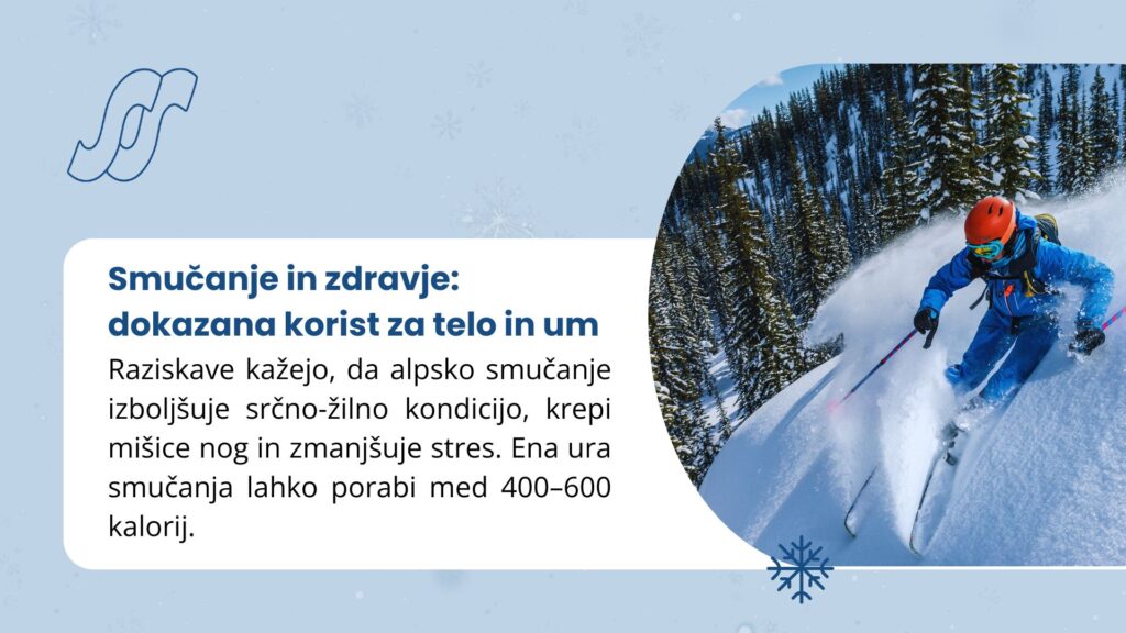 A skier in blue gear skiing down a snowy mountain slope, surrounded by pine trees, with snow spraying around.