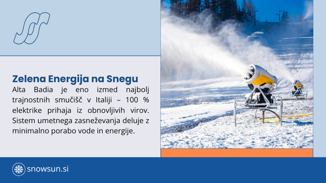 Snow cannons on a snowy slope in Alta Badia, using 100% electric power with minimal water and energy consumption.