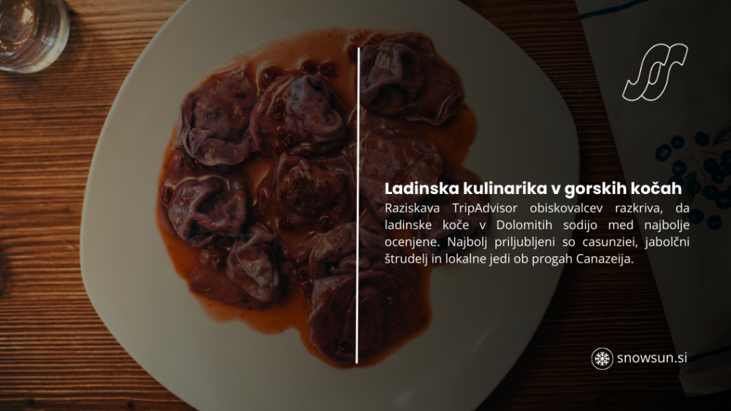 Jed na krožniku z vijoličastimi cmoki v omaki in kozarcem vode. Tekst: Ladinska kulinarka v gorskih kočah – TripAdvisor: Dolomitske koče med najbolje ocenjenimi, priljubljeni casunziei, jabolčni štrudelj in lokalne jedi.