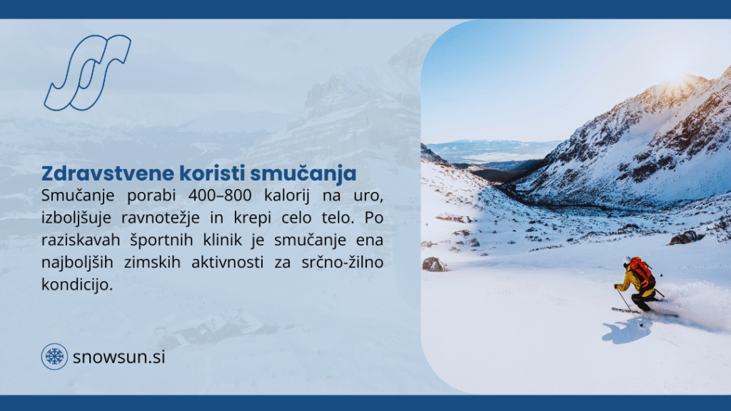 Zdravstvene koristi smučanja: Smučanje porabi 400–800 kalorij na uro, izboljšuje ravnotežje in krepi celo telo. Po raziskavah je smučanje ena najboljših zimskih aktivnosti za srčno-žilno kondicijo.