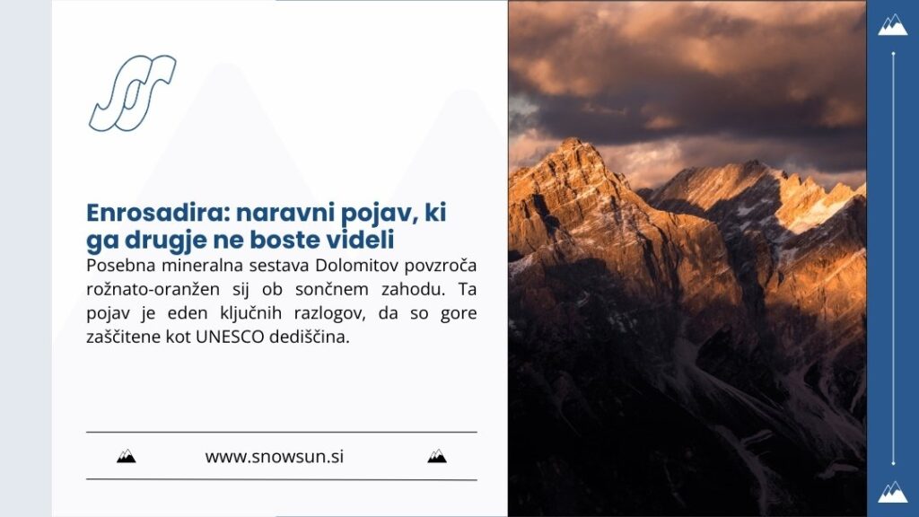 smučanje dolomiti: vodnik za največje smučarsko območje na svetu 3 Dolomitski vrhovi v rožnato-oranžnem siju ob sončnem zahodu, ki prikazujejo enrosadiro – naravni pojav, ki ga drugje ne boste videli.